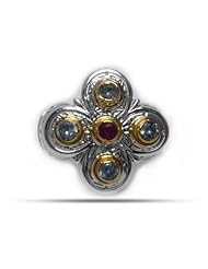 Sterling Silver & 18K Gold Byzantine Style Aqua Marine With Ruby Cross Style Ring