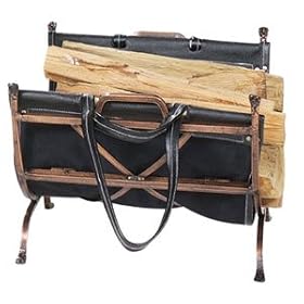Antique Copper Wrought Iron Log Holder W  Blk Leather Carrier by UniFlame