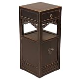 Handmade Asian Furniture - 34" Antique Style Black Wood End Table / Storage Cabinet With Carved Trim