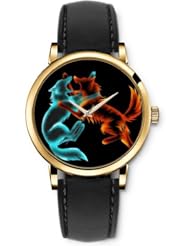 SPRAWL Aanalog Fashion Series Gold Ladies Watches of Genuine Black Leather Strap,Unique Wrist Watch for Women Girls Designed with Fight of blue and orange foxes