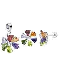Sterling Silver Multicolor Simulated Gemstone and CZ Post Back Findings 14mm Stud Earring and 14mm Pendant Jewelry Set