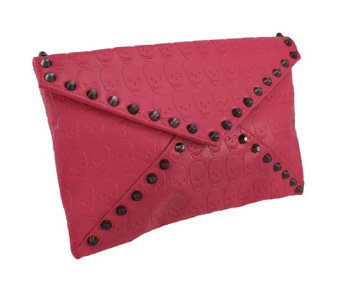 Hot Pink Skull Embossed Envelope Clutch Purse 
