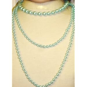 Hand Crocheted Turquoise Gimp Skull Cap Offered in Combination with Very Long Simulated Blue Pearl...