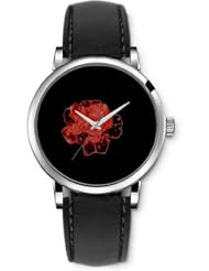 SPRAWL Aanalog Fashion Series Silver Ladies Watches of Genuine Black Leather Strap,Unique Wrist Watch for Women Girls Designed with Red rose on black background