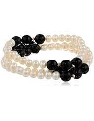 Three-Row White Freshwater Cultured Pearl and Black Onyx Stretch Bracelet with Gold-Plated Bead Accents, 7.5"