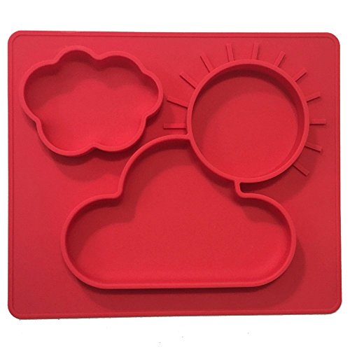 One-piece silicone placemat + plate for kids. No spill 3 Large sections for solids & liquids. Red