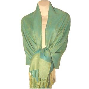 70% Pashmina 30% Silk Paisley Self-Design Shawl / Wrap / Stole – Blue/Green paisley