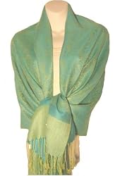 70% Pashmina 30% Silk Paisley Self-Design Shawl / Wrap / Stole - Blue Green