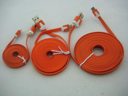 3pcs/lot 3in1 3ft 6ft 2m 10ft 3m Extra Long Noodle Flat Universal USB Male a to Micro B Data Charger Cable Cords for HTC One X V L M7 Butterfly Samsung Galaxy S2 I9100 S3 I9300 S4 I9500 Note 2 I9220 N7100 Nokia Lumia 900 920 Lg Nexus 4 7 Blackberry Q10 Z10 Sony Xperia S Z Kindle etc.(orange)
