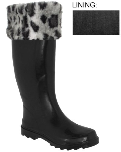 Capelli New York Leopard Faux Fur Cuff Ladies Tall Sporty Body Rubber Rain Boot Grey Combo 8