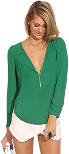 Sankuwen® Women Fashion V-neck Zipper Long-sleeved Chiffon Blouse Shirt(XL)