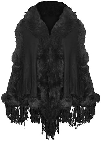 Oops Outlet Women's Celebrity Style Luxurious Faux Fur Trim Tassels Shawl Wrap Poncho One Size Black