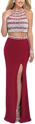 Mori Lady Women's Sexy Scoop Neck Beaded Jewel Two Piece Prom Dresses with Pearl US2 Dark Green