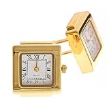 Gold plated square quartz watch cufflinks with a white dial. Presentation boxed. by For the Cuff
