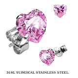 5mm Heart Shape 1 Carat Pink Diamond Cz Stainless Steel Stud Earring