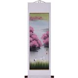 Hand-Painted 50" Oriental Wall Art Scroll - Cranes Among Spring Blossoms With White Border