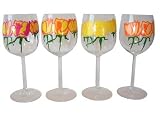 ArtisanStreet's Tea Rose Wine Goblets in Triple Rose Design. Set of 4 Wine Glasses. Feature Yellow, Pink & Orange Shades on Clear Crystal. Hand Painted, One of a Kind, Signed by Artisan
