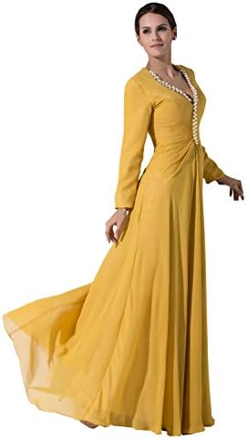 Angelonline Long Sleeves with Pearls Muslim Evening Dress Prayer Gown (8, Yellow)