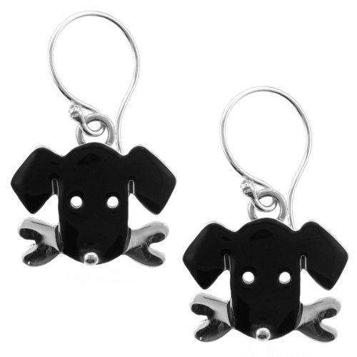 Black Lab Labrador Dog w/ Bone Enamel & Sterling Silver Dangle Earrings