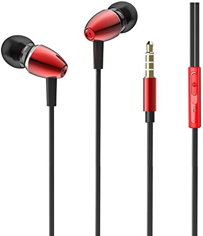 FlexLos 3.5mm Stereo Earbud Super Bass Noise Isolating In-ear Metal Earphone, Headphone with Microphone, Flat Cable Tangle Free Headset, Remote Control (472-Red)