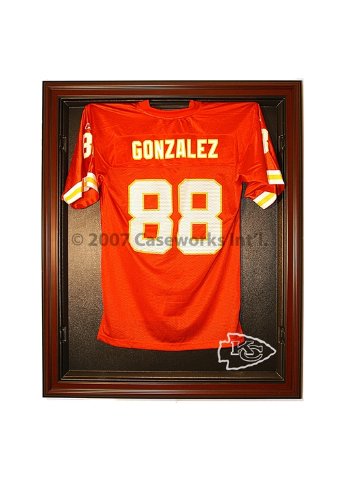 Kansas City Chiefs Football Jersey Display Case Cabinet Style with Mahogany Finish Frame
