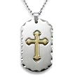 Polished Stainless Steel Dog Tag with Antiqued Edge and Raised Gold Plated Cross
