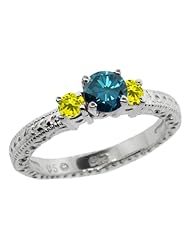 0.79 Ct Round Blue and Canary Diamond 18K White Gold 3-Stone Ring