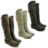 LEATHER STYLE KNEE HIGH FLAT RIDING BIKER BUCKLE BOOTS