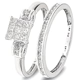 5/8 Carat T.W. Round, Princess Cut Diamond Wedding Band Set 14K White Gold - Two Rings: Ladies Engagement Ring and Ladies Wedding Band - Free Gift Box -