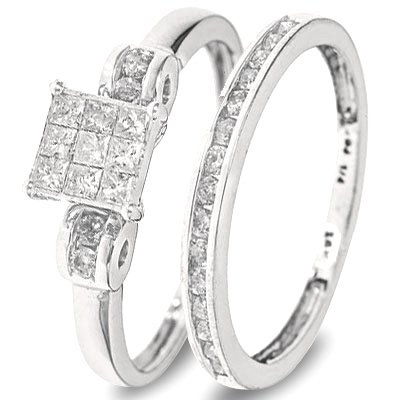 5/8 Carat T.W. Round, Princess Cut Diamond Wedding Band Set 10K White Gold - Two Rings: Ladies Engagement Ring and Ladies Wedding Band - Free Gift Box -