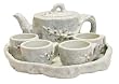 Plum Blossom Themed Small Porcelain Tea Set - Off White / Grey Crackle with Red Accents