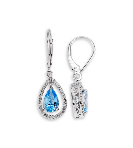 10k White Gold Pear Blue Topaz Diamond Dangle Earrings
