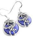 Sterling Silver Coiled Dragon on Cobalt Blue Glass Hook Earrings