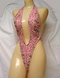 Deep V Plunge Sling-Shot Thong Back Pink Vine Floral Print Made in USA