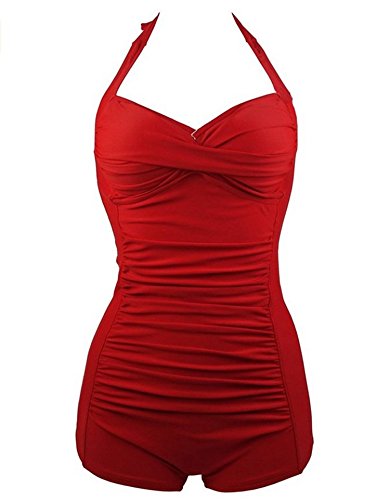 Inspired Women Retro Boy-Leg One Piece Pin Up Ruched Monokinis Swimsuit Swimwear Red S (US:0-2)