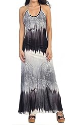Open-Back Paisley Tie Dye Print Rayon Full Length Halter Maxi Dress 