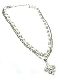 Beautiful Triple Layered Fleur De Lis Crystal Charm Necklace with Pearl Accents Silver Tone Comes Gift Boxed