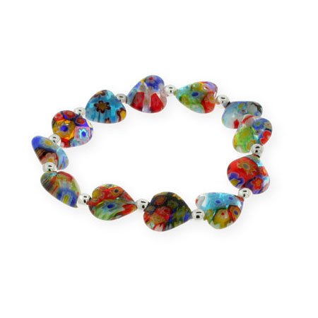 Eve's Addiction Sterling Silver Millefiori Venetian Glass Heart Bracelet