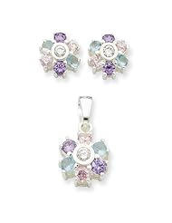 Sterling Silver Multi-colored CZ Floral Earrings & Pendant Set