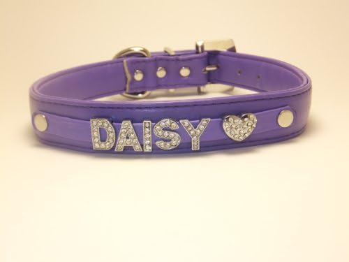 Personalized Custom Fashion Leather Classic Dog Collar Swarovski Crystal Rhinestone Letters Plus Free Charm Black, Hot Pink, Purple, Baby Blue, White, Red, Brown, Pink, Silver Size Medium Large XLarge (Purple, Med 15"L x 3/4" W)