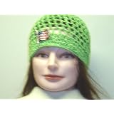 Cp157, Hand Crocheted Lime Color Gimp Skull Cap for Men, Women and Teens Trimmed with Metallic American Flag with Latch