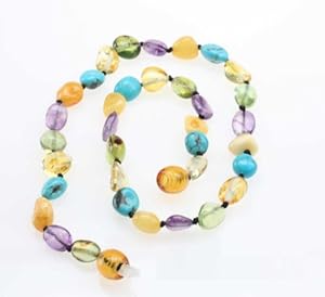 Baby Teething Necklace - Butterscotch and Lemon Baltic Sea Amber, Green Caribbean Amber, Natural Turquoise and Amethyst