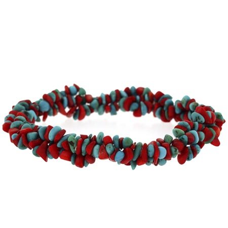 Genuine Red Coral Blue Turquoise Stone Chip Stretch Bracelet