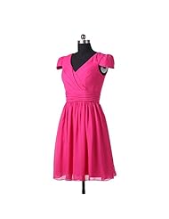 A-line V-neck Chiffon Knee Length Natural   Waistline Cap Sleeves Lace Bridesmaid Dress 