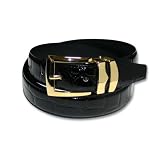 Crocodile Grain Embossed 30mm Genuine Bonded Black Leather Belt with Gold Buckle