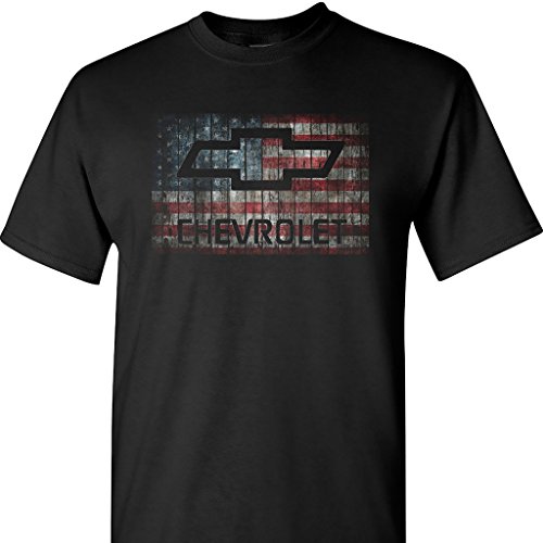 Chevy Chevrolet With American Flag on a Black T Shirt