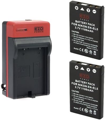 EZOPower 2 x EN-EL5 Battery + Charger Kit for Nikon COOLPIX P520 P510 P500 P100 P90 P80 P6000 P5100 P5000 [Includes Car Adapter, EU Plug, Accessory Bag]