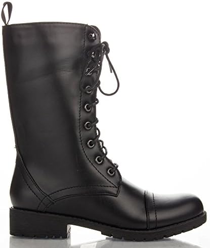 Women's Military Combat Colored Lace Up Mid Calf Boots With Zipper Closure NEW SMOOTH BLACK (7.5)