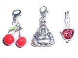 Set of 3 Silver Plated Dangling Clip on Charms (Cherries, Buddha and Love Heart) Supplied in Gift Pouch