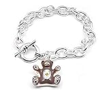 Silver-Tone Enameled Teddybear Teddy Bear Oval Rolo Charm Link 7.5 Bracelet